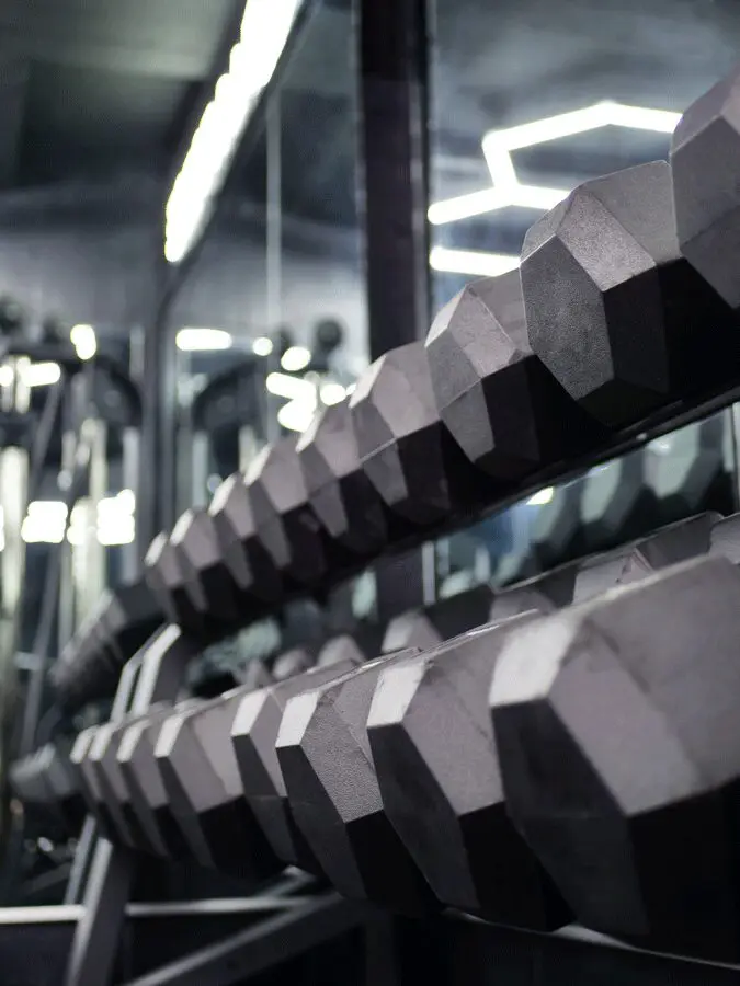 Gros plan sur un rack d'haltères hexagonaux noirs de différents poids à la salle de sport La Forge Gym à Neuchâtel.