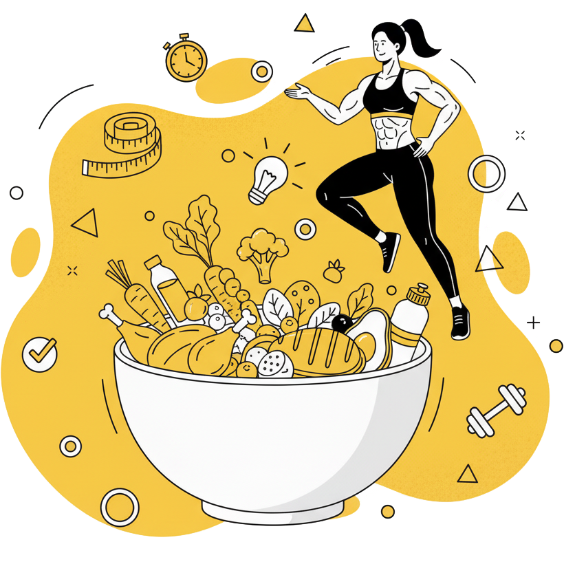 Illustration des bases de la nutrition sportive à La Forge One Fitness, montrant les aliments clés pour la perte de poids et la prise de muscle.