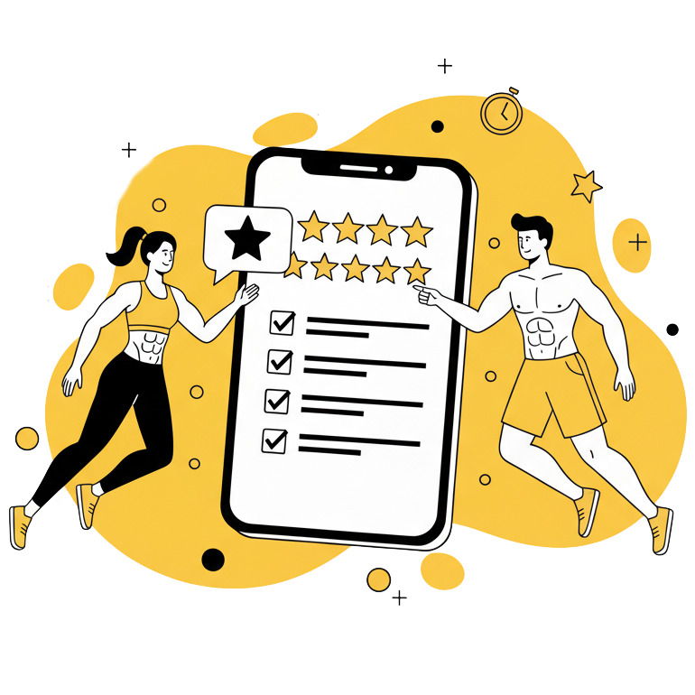 Illustration de clients satisfaits donnant un avis 5 étoiles à La Forge One Fitness pour la qualité du coaching et les résultats obtenus.
