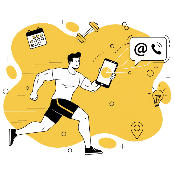 Illustration de la page de contact de La Forge One Fitness, avec les icônes de téléphone, email, et localisation pour joindre la salle de sport.