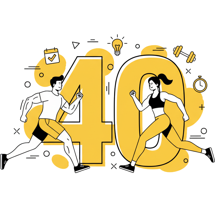 Illustration du guide de La Forge One Fitness pour la remise en forme après 40 ans à Neuchâtel, avec un homme et une femme dynamiques.