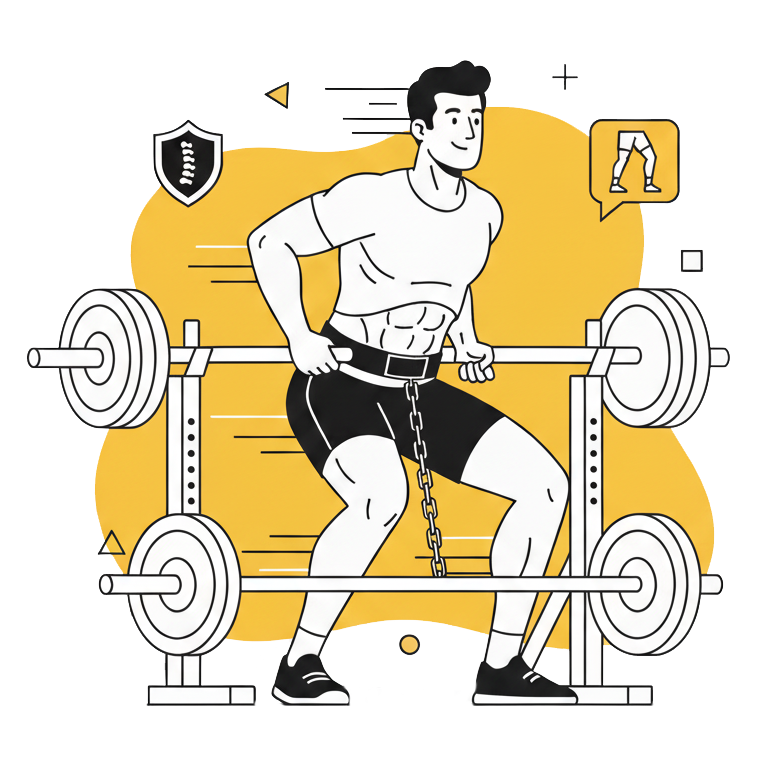 Illustration d'un sportif utilisant la machine de belt squat à La Forge One Fitness pour muscler ses jambes sans aucune pression sur la colonne vertébrale.