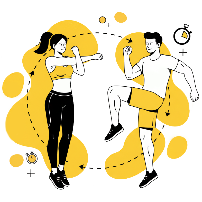 Illustration de sportifs réalisant un échauffement musculaire et articulaire avant une séance d'entraînement à La Forge One Fitness.