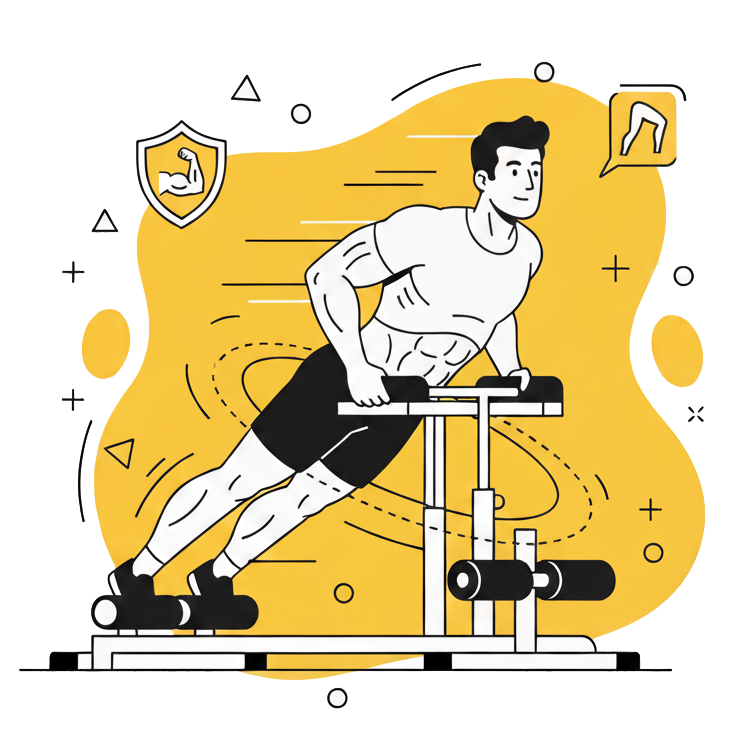 Illustration d'un athlète utilisant le GHD (Glute-Ham Developer) à La Forge One Fitness pour le renforcement de sa chaîne postérieure (ischios, fessiers, lombaires).