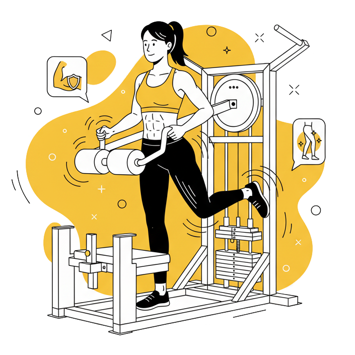 Illustration d'une femme se musclant les fessiers et les hanches avec la machine multi-hip de la salle de sport La Forge One Fitness.
