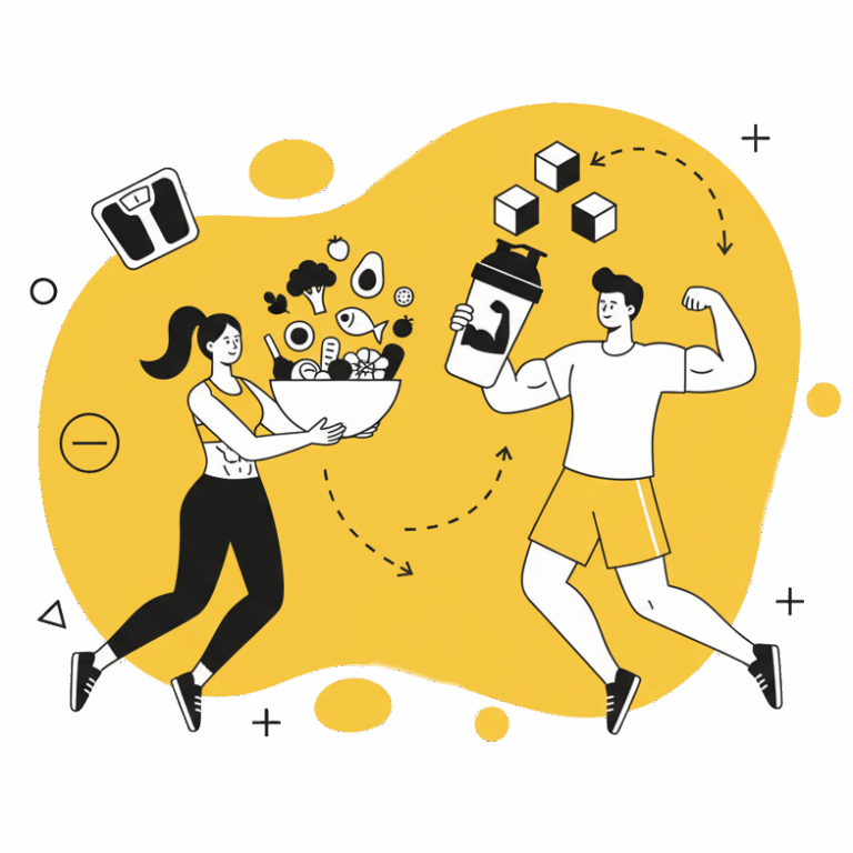 Illustration sur l'importance de la nutrition sportive à La Forge One Fitness, avec une alimentation saine et des compléments comme la protéine.