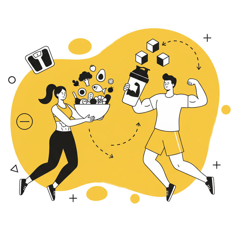 Illustration sur l'importance de la nutrition sportive à La Forge One Fitness, avec une alimentation saine et des compléments comme la protéine.