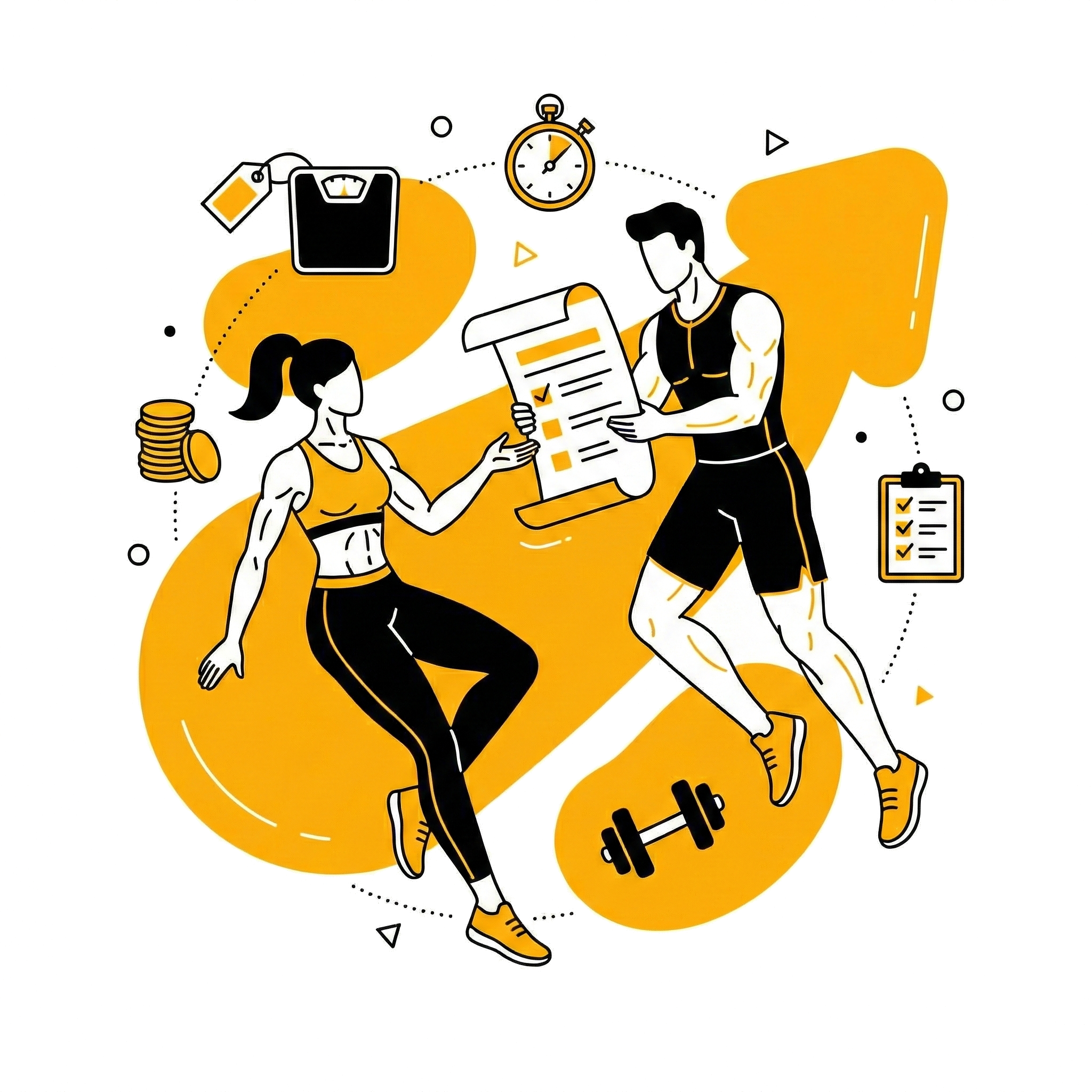 Illustration fitness : un homme et une femme sportifs consultent une liste de tarifs de coaching avec des icônes de budget, chronomètre et haltères. Style moderne jaune et noir.