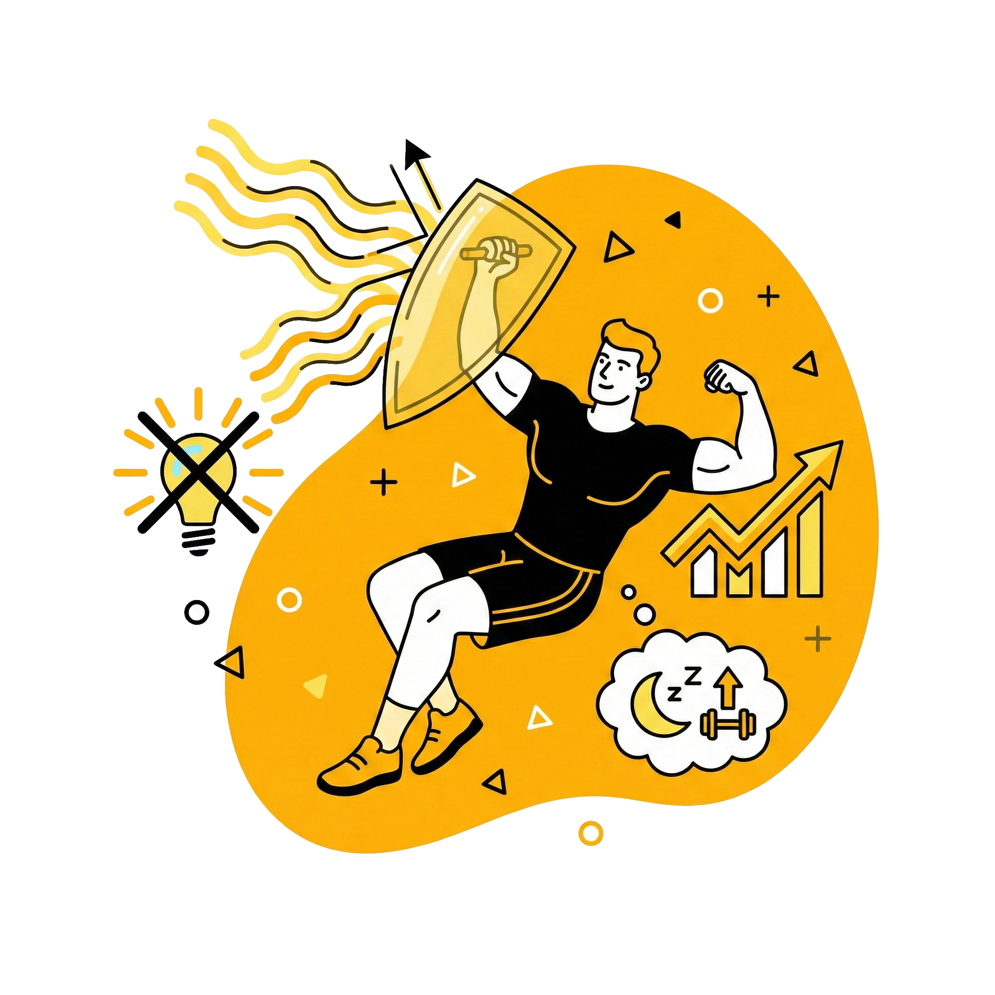 Illustration d'un homme athlétique utilisant un bouclier pour bloquer la lumière bleue et améliorer son sommeil et sa récupération musculaire.