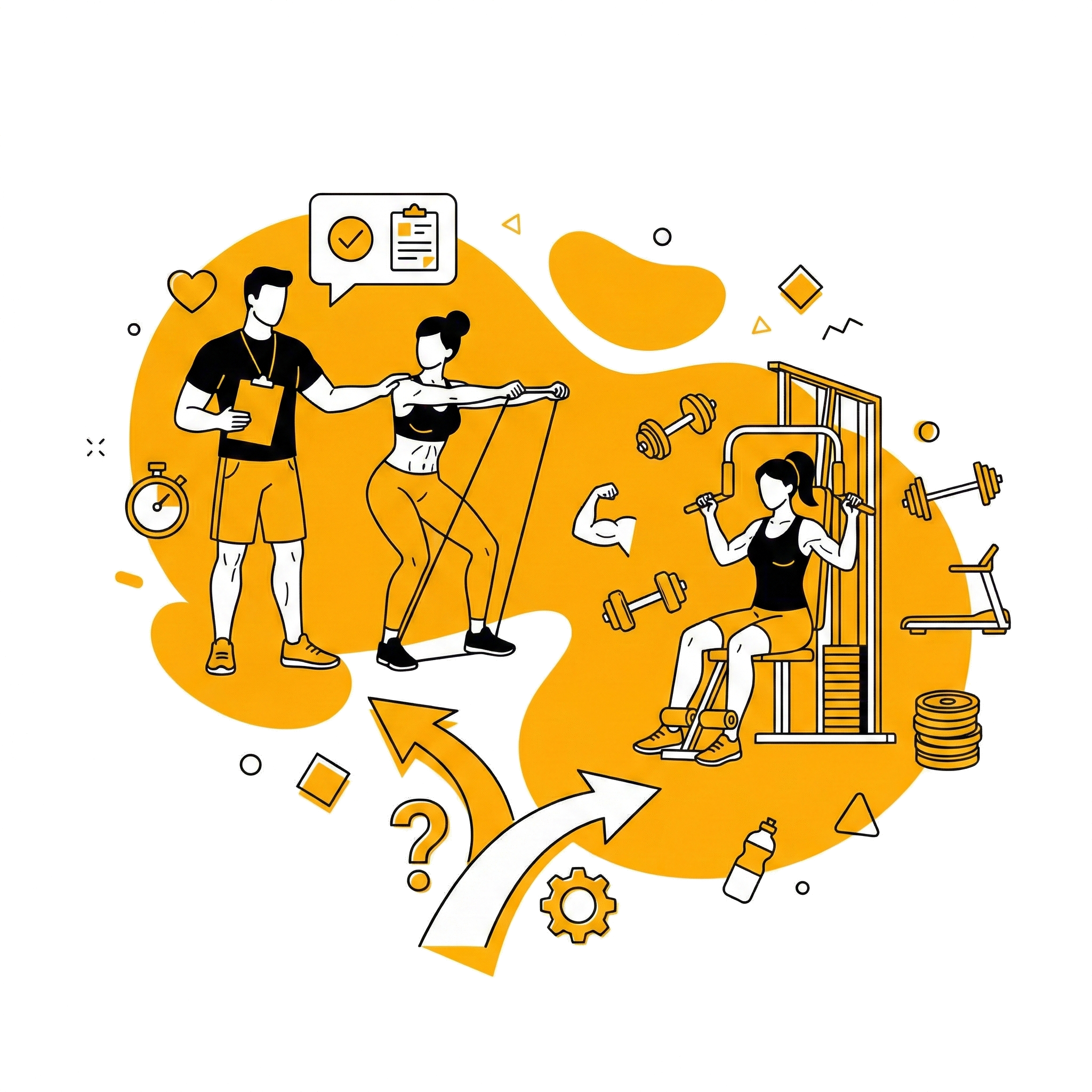 Illustration comparant le coaching sportif privé avec un entraîneur personnel face à l'entraînement en autonomie en salle de sport.
