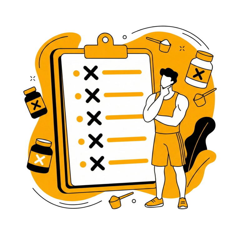 Illustration d'un homme sportif réfléchissant aux erreurs courantes à éviter avec les compléments alimentaires - Coach Neuchâtel.