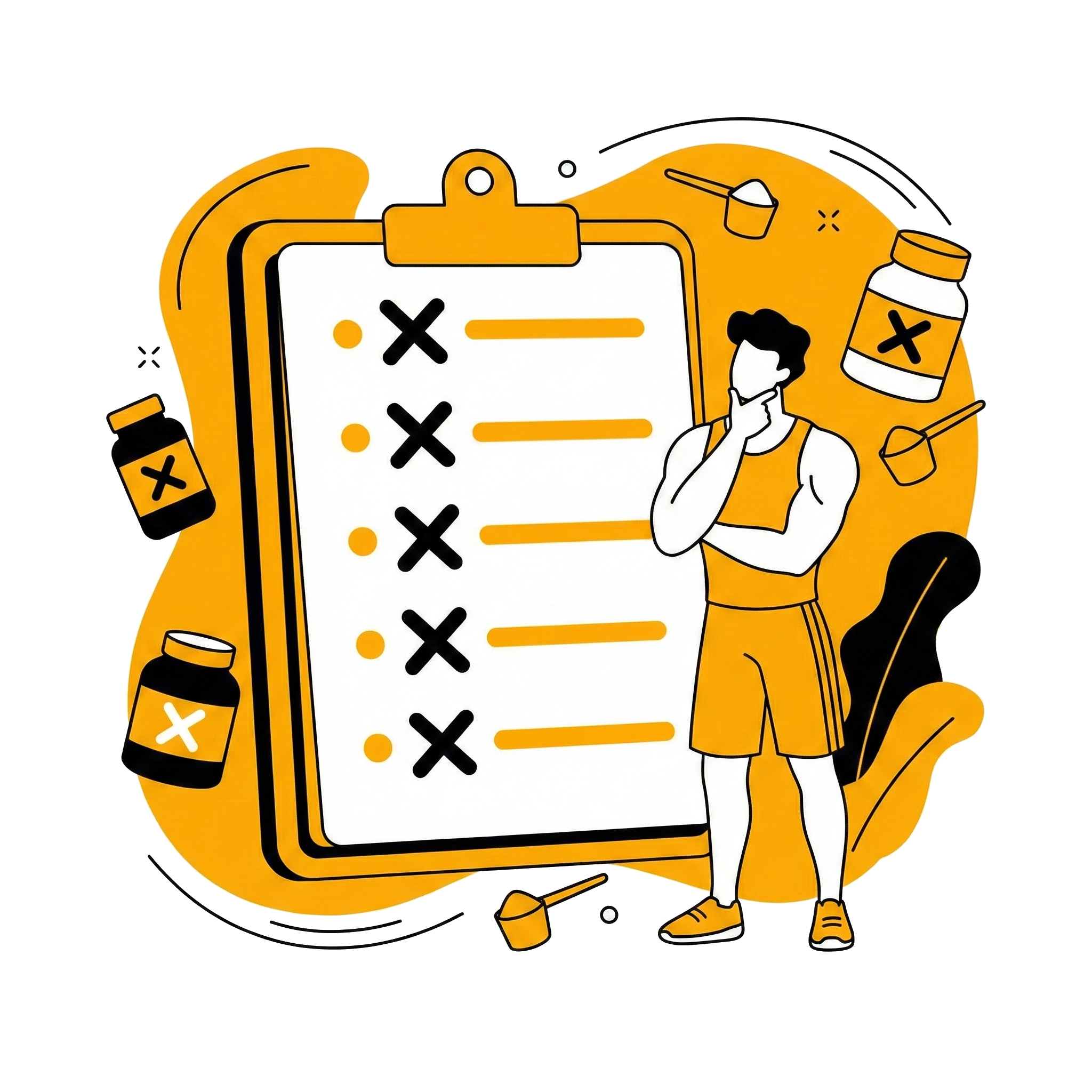 Illustration d'un homme sportif réfléchissant aux erreurs courantes à éviter avec les compléments alimentaires - Coach Neuchâtel.