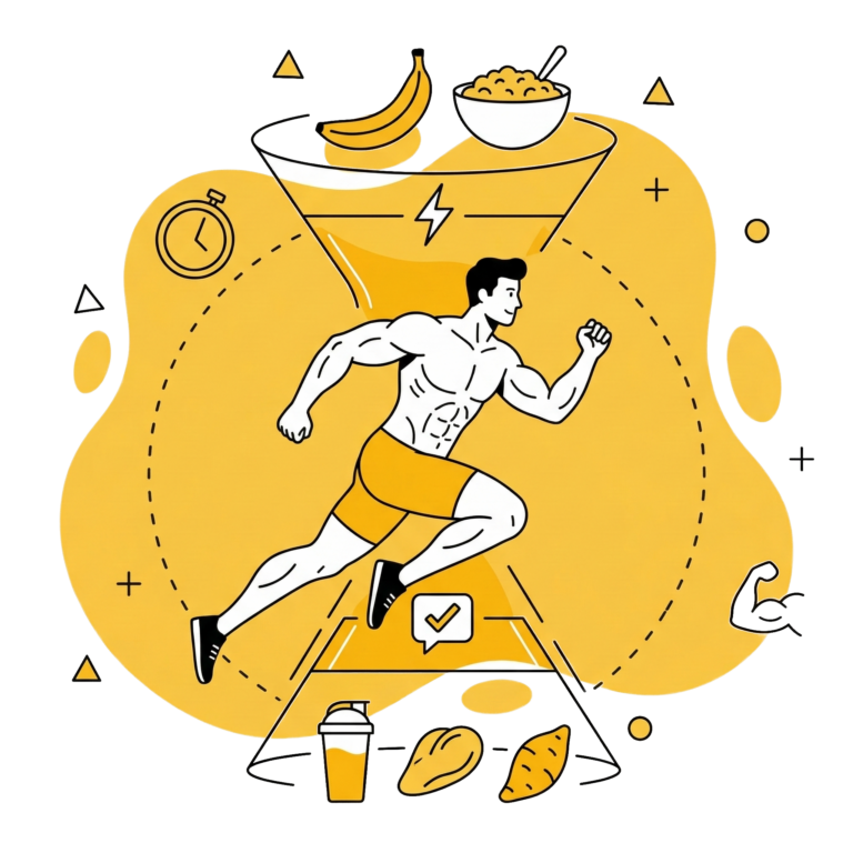 Illustration d'un sportif courant dans un sablier, entouré d'exemples d'aliments pour la nutrition pré et post-entraînement (banane, flocons d'avoine, shaker de protéines).