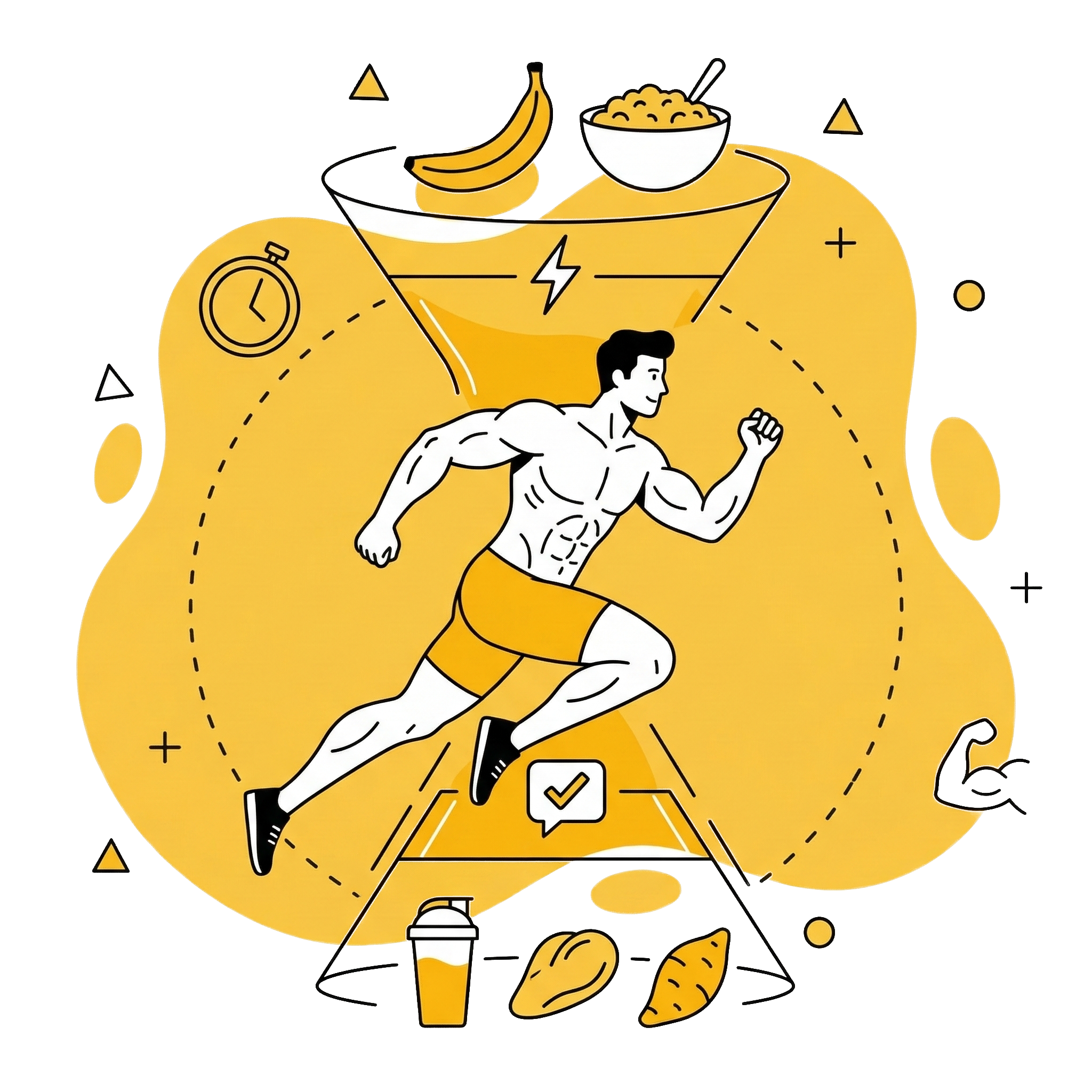 Illustration d'un sportif courant dans un sablier, entouré d'exemples d'aliments pour la nutrition pré et post-entraînement (banane, flocons d'avoine, shaker de protéines).