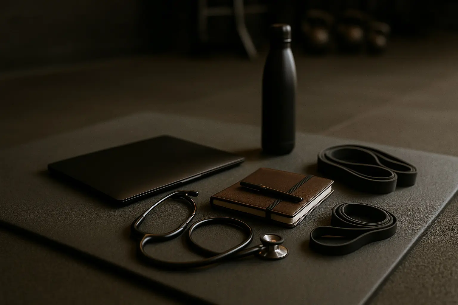 Intelligence artificielle chez le médecin en Suisse - ordinateur portable, stéthoscope et carnet médical dans une salle de coaching à Neuchâtel