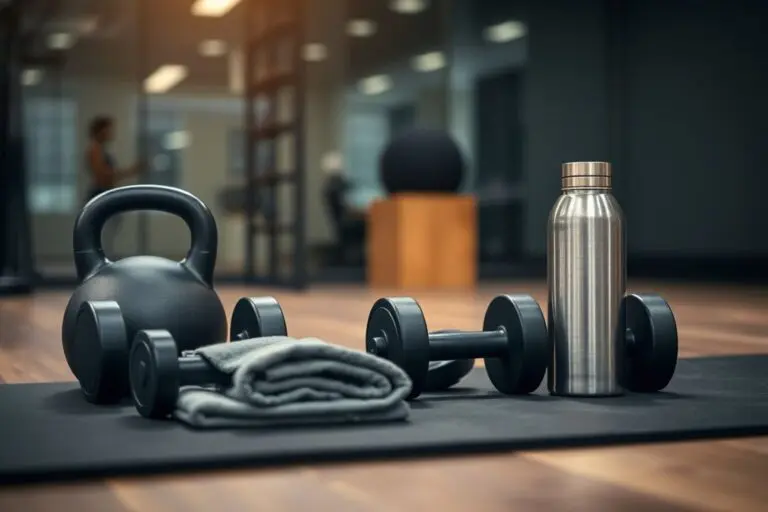 Kettlebell, haltères, serviette et gourde sur un tapis — commencer la musculation, studio de coaching privé à Neuchâtel