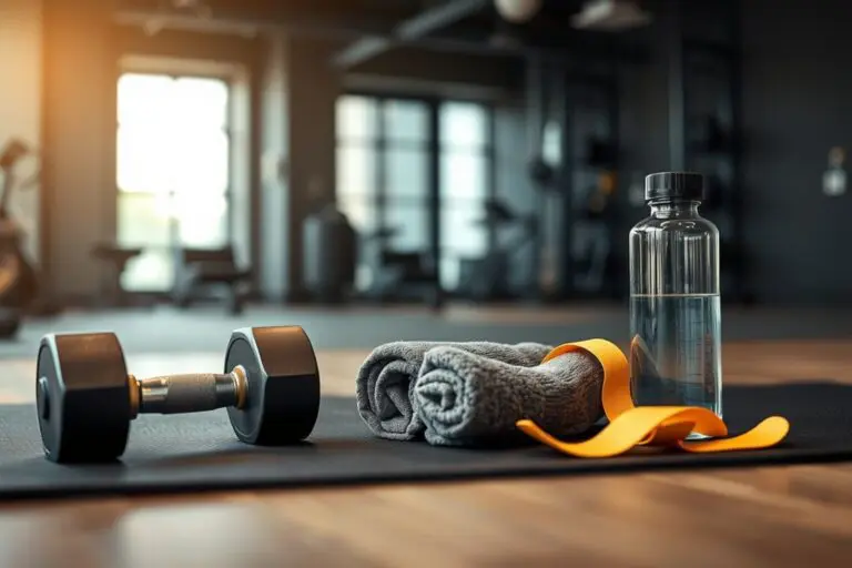 Haltère, serviette roulée, élastique orange et bouteille d'eau posés sur un tapis dans un studio de coaching sportif privé