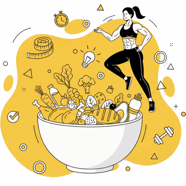 Illustration des bases de la nutrition sportive à La Forge One Fitness, montrant les aliments clés pour la perte de poids et la prise de muscle.