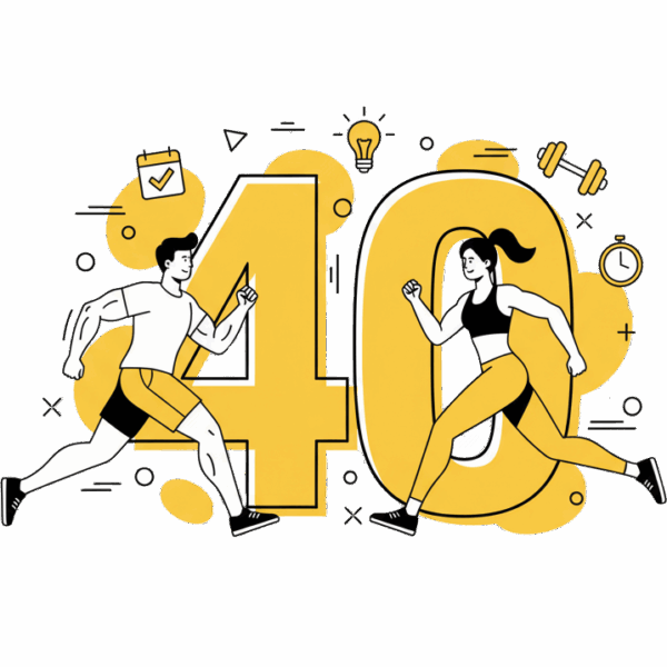 Illustration du guide de La Forge One Fitness pour la remise en forme après 40 ans à Neuchâtel, avec un homme et une femme dynamiques.