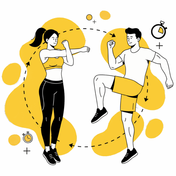 Illustration de sportifs réalisant un échauffement musculaire et articulaire avant une séance d'entraînement à La Forge One Fitness.