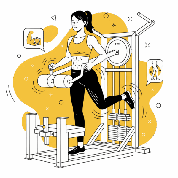 Illustration d'une femme se musclant les fessiers et les hanches avec la machine multi-hip de la salle de sport La Forge One Fitness.