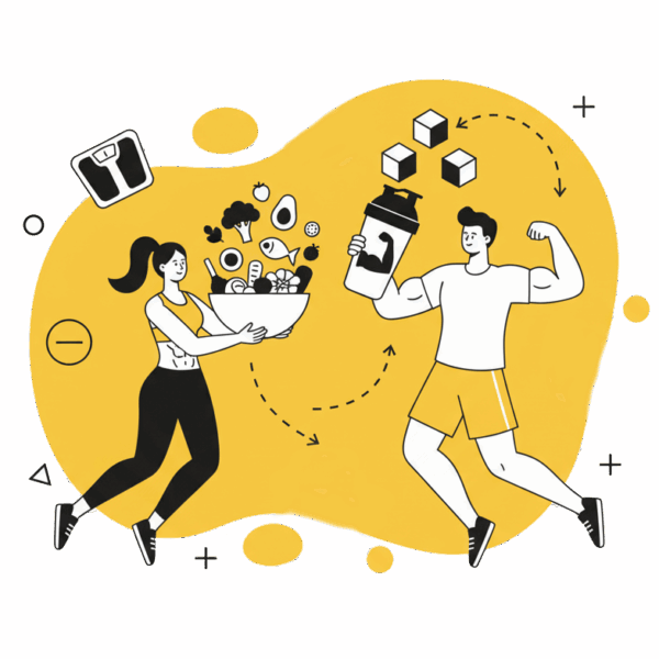 Illustration sur l'importance de la nutrition sportive à La Forge One Fitness, avec une alimentation saine et des compléments comme la protéine.