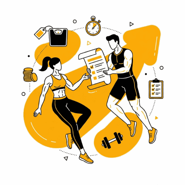 Illustration fitness : un homme et une femme sportifs consultent une liste de tarifs de coaching avec des icônes de budget, chronomètre et haltères. Style moderne jaune et noir.