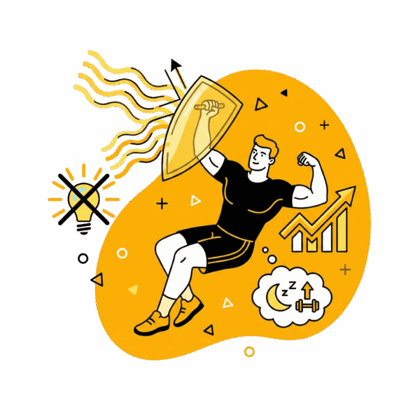 Illustration d'un homme athlétique utilisant un bouclier pour bloquer la lumière bleue et améliorer son sommeil et sa récupération musculaire.