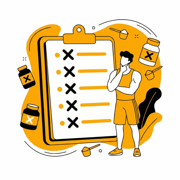 Illustration d'un homme sportif réfléchissant aux erreurs courantes à éviter avec les compléments alimentaires - Coach Neuchâtel.