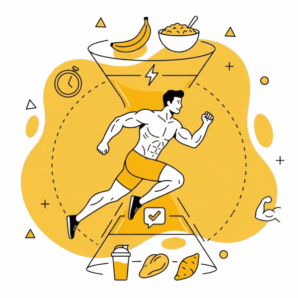 Illustration d'un sportif courant dans un sablier, entouré d'exemples d'aliments pour la nutrition pré et post-entraînement (banane, flocons d'avoine, shaker de protéines).